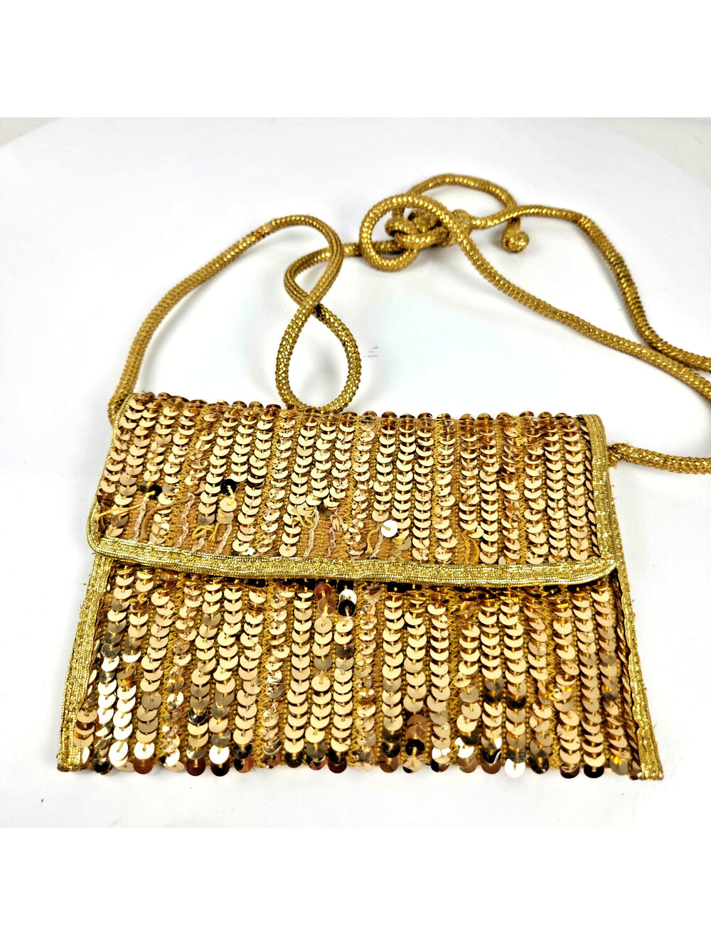Gold Sequin Evening Bag Small Cord Strap Disco Party Purse Vintage